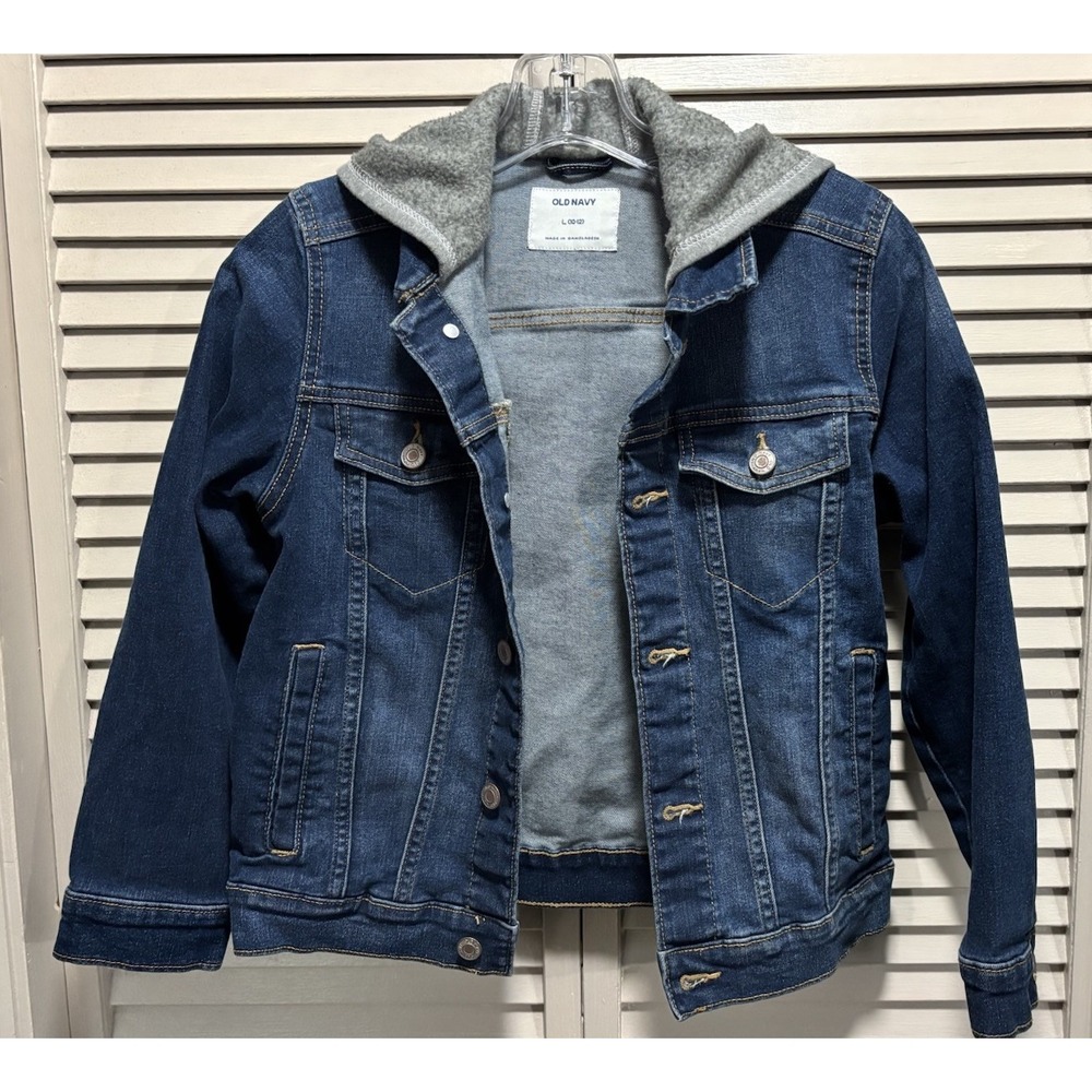 Old Navy Denim Short Jacket Juniors Size L (10-12) Hood Pockets Button Up